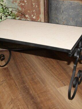 Large Vintage Wrought Iron & Tile Folding Plant Stand Table or Decor Riser